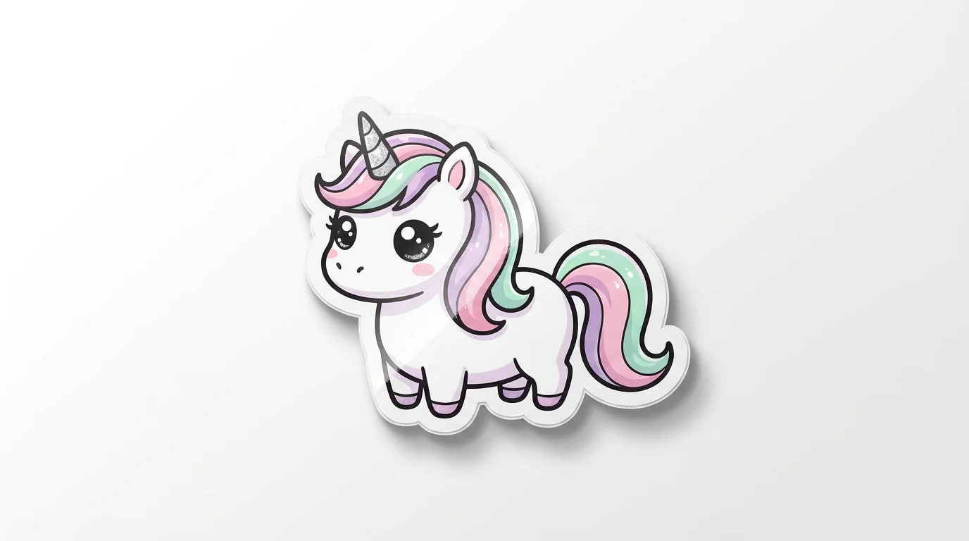 A cute kawaii-style unicorn sticker on a white background. The unicorn has a pastel rainbow mane, a silver horn, and is presented as a glossy, die-cut vinyl sticker mockup.