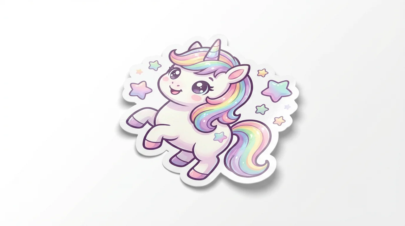 A colorful die-cut vinyl sticker of a cute, kawaii-style unicorn with a rainbow mane, presented on a clean white background.