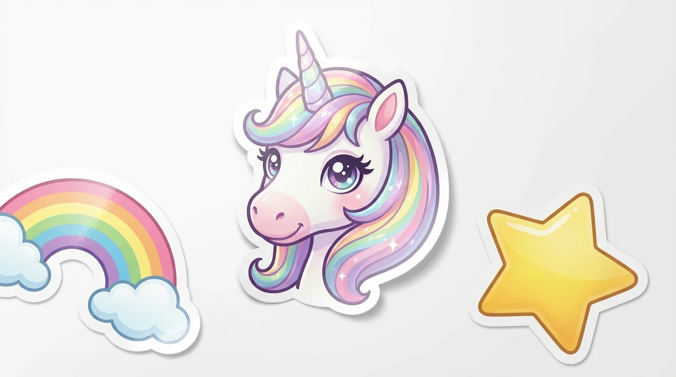 A collection of cute, die-cut vinyl stickers featuring a pastel rainbow unicorn, a small rainbow, and a star, displayed on a clean white background.
