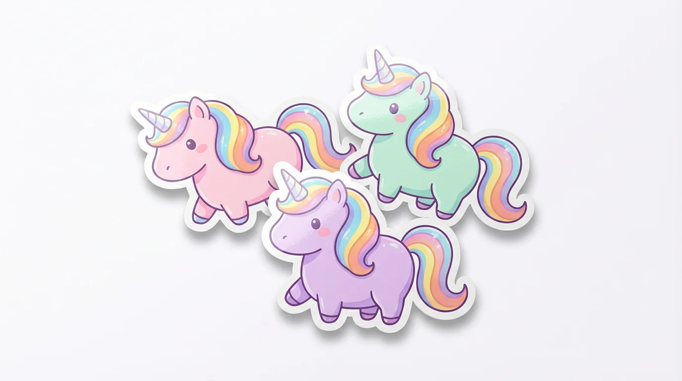 Three cute die-cut unicorn stickers with rainbow manes, shown with a glossy finish and a slight shadow on a plain white background.