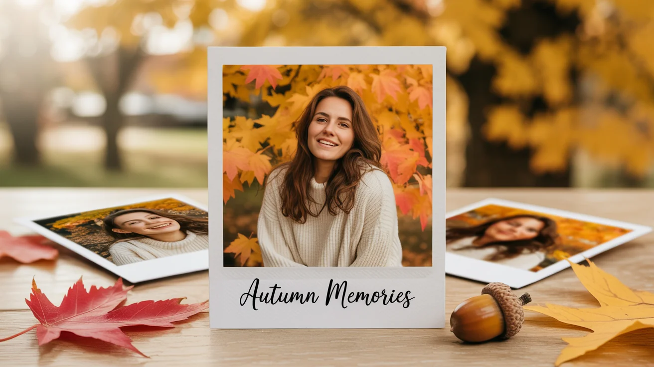 A flat lay of several Polaroid photos with autumn themes scattered on a light wooden background. The central photo shows a woman in a sweater, with the words 'Autumn Memories' written on the frame.