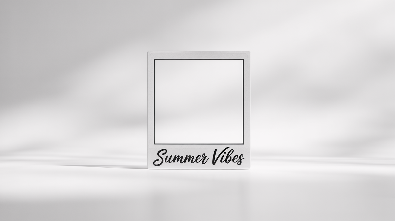 A photorealistic mockup of a blank polaroid frame with 'Summer Vibes' written in script on the bottom border, resting on a clean white surface.