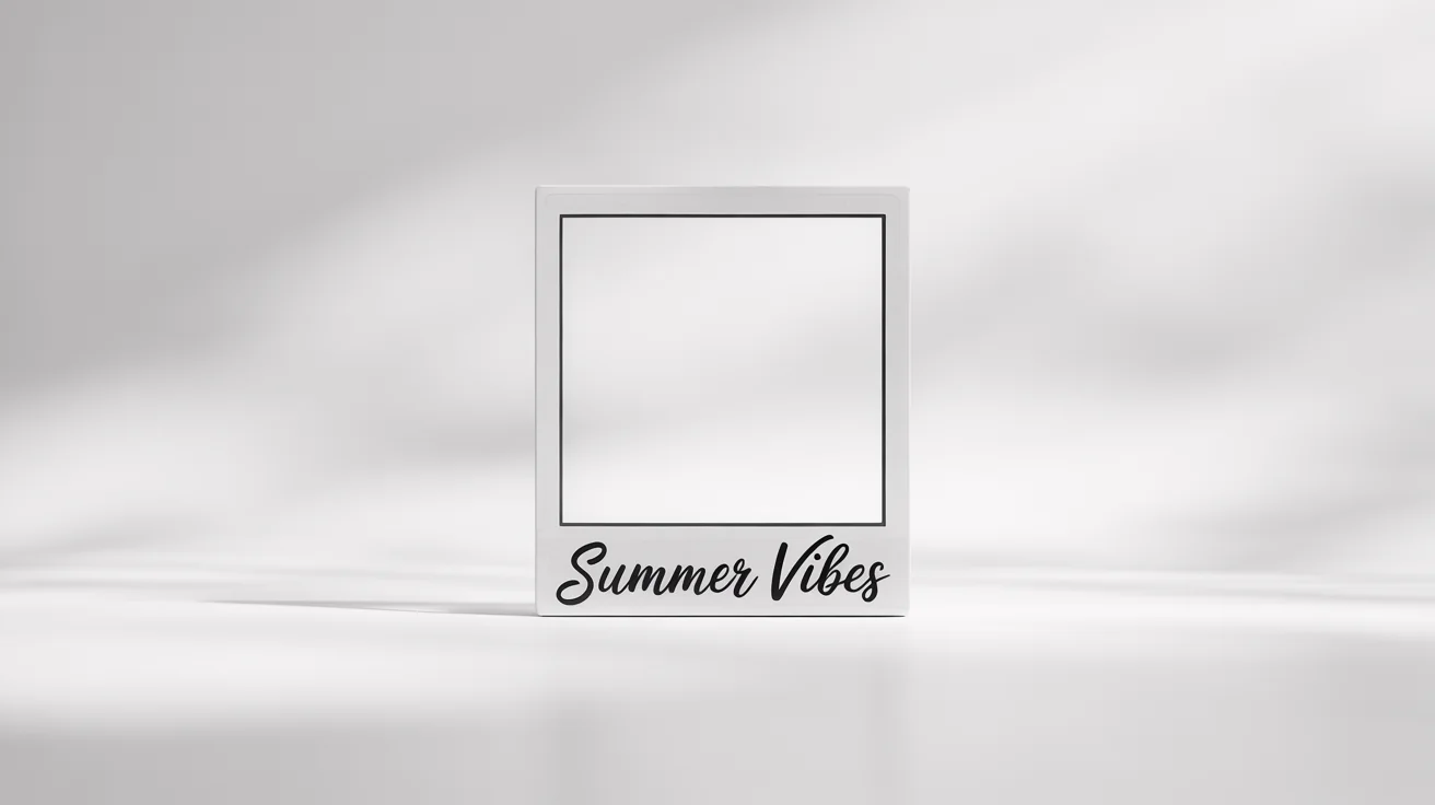 A photorealistic mockup of a blank polaroid frame with 'Summer Vibes' written in script on the bottom border, resting on a clean white surface.