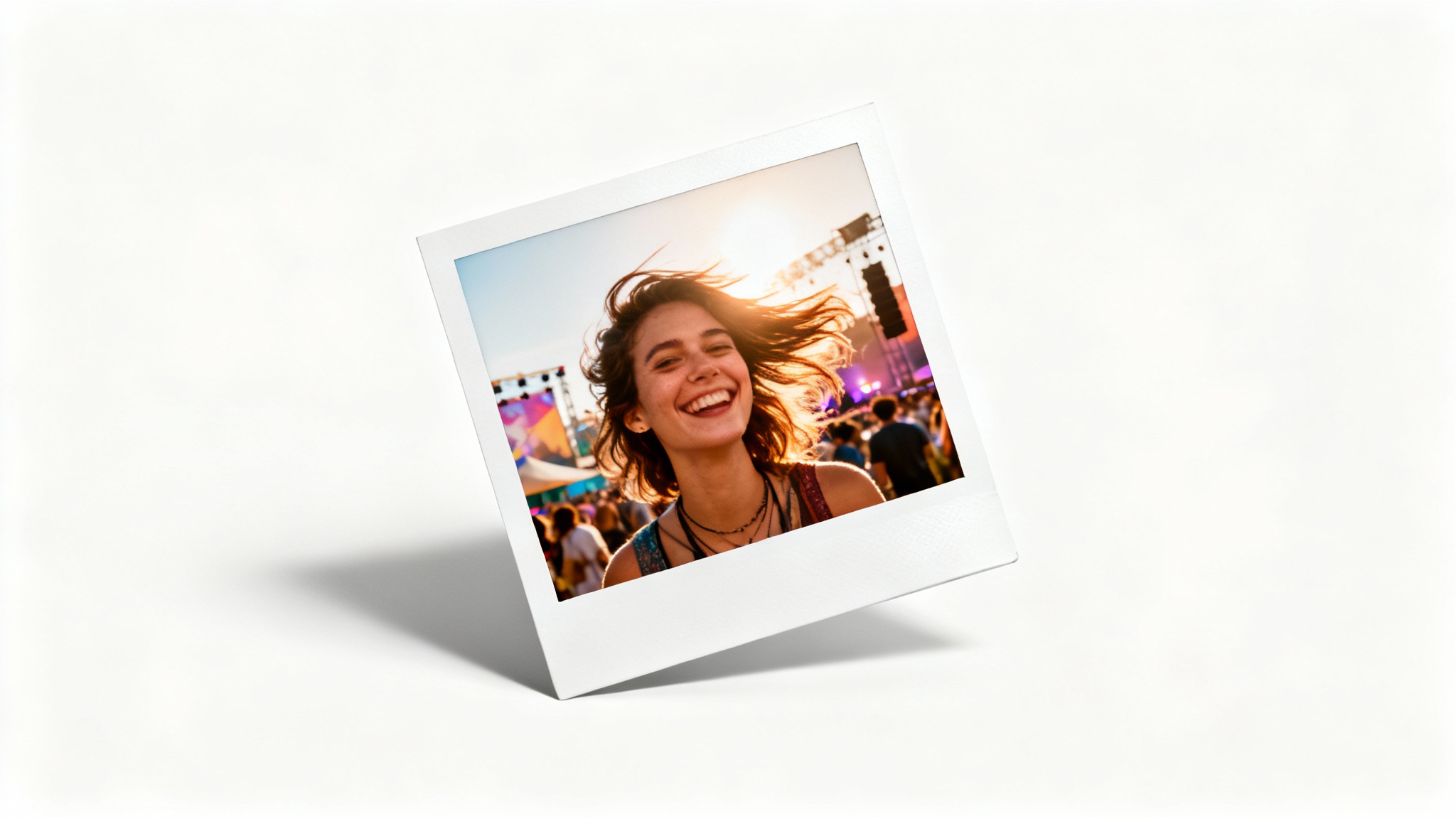 A high-quality mockup of a single polaroid photo lying on a white surface. The picture inside shows a happy person at a sunny outdoor event, conveying a sense of nostalgia and captured memories.