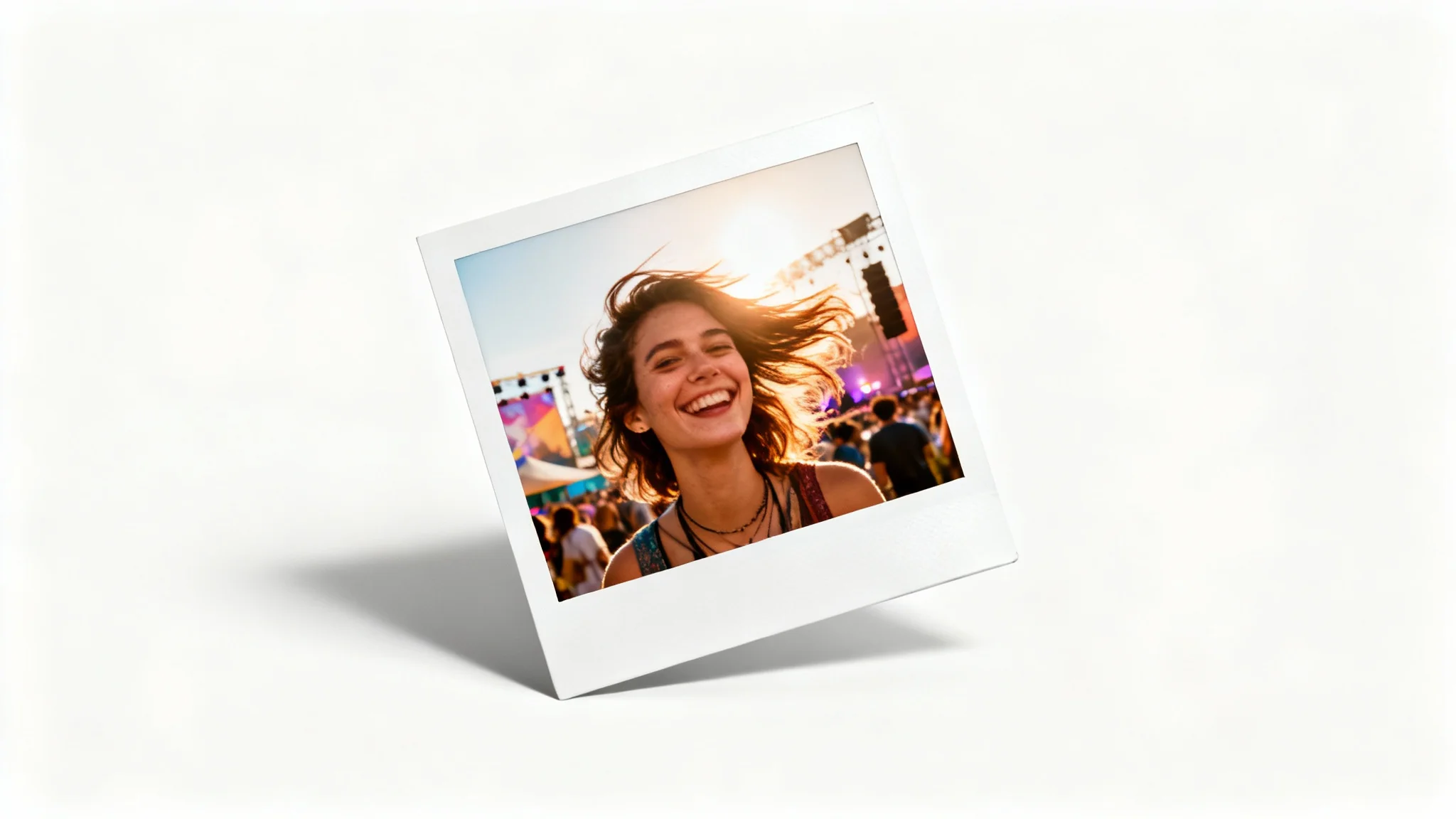 A high-quality mockup of a single polaroid photo lying on a white surface. The picture inside shows a happy person at a sunny outdoor event, conveying a sense of nostalgia and captured memories.