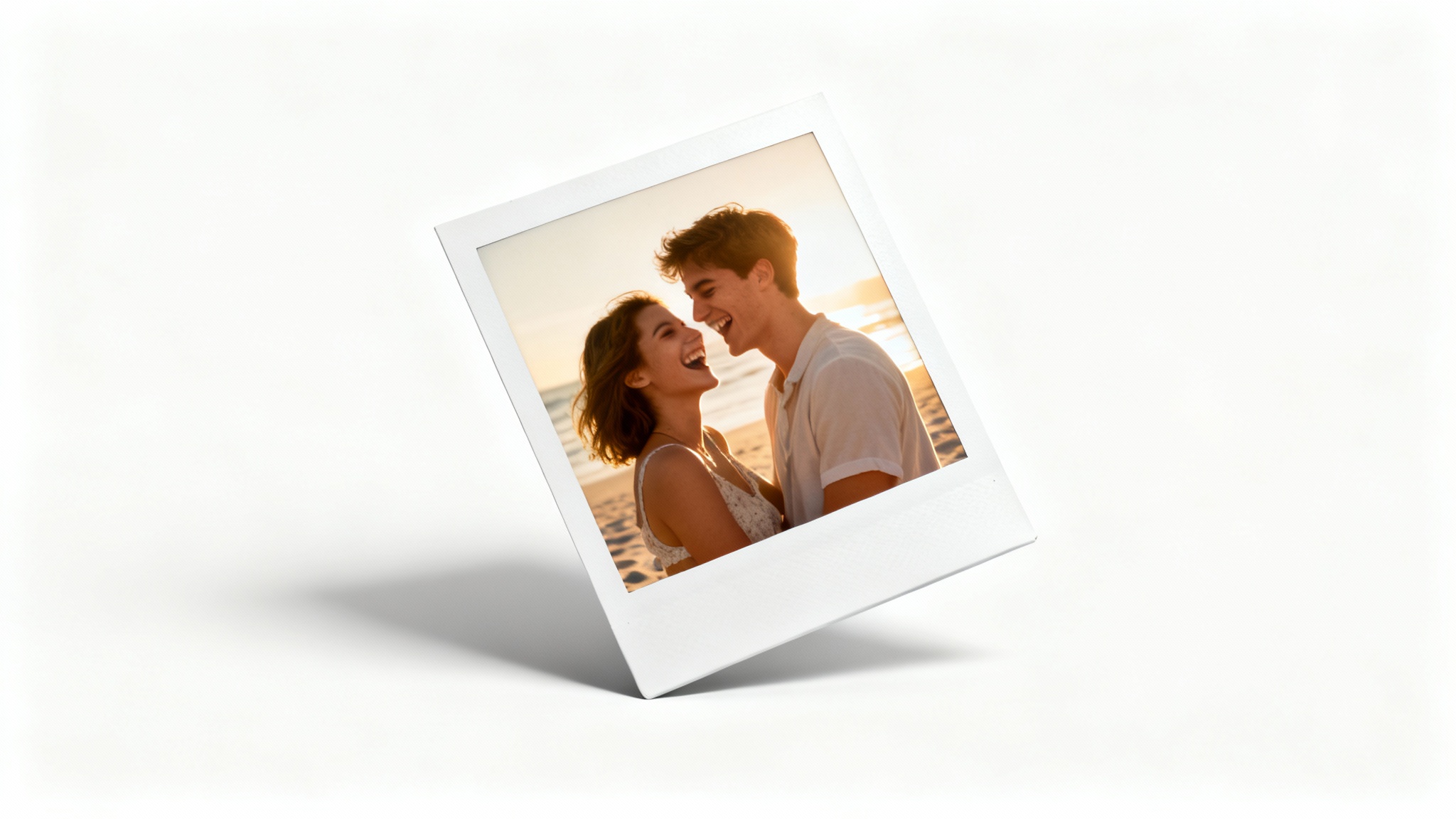 A classic Polaroid photo showing a happy couple on a beach at sunset, displayed at an angle on a clean white background.