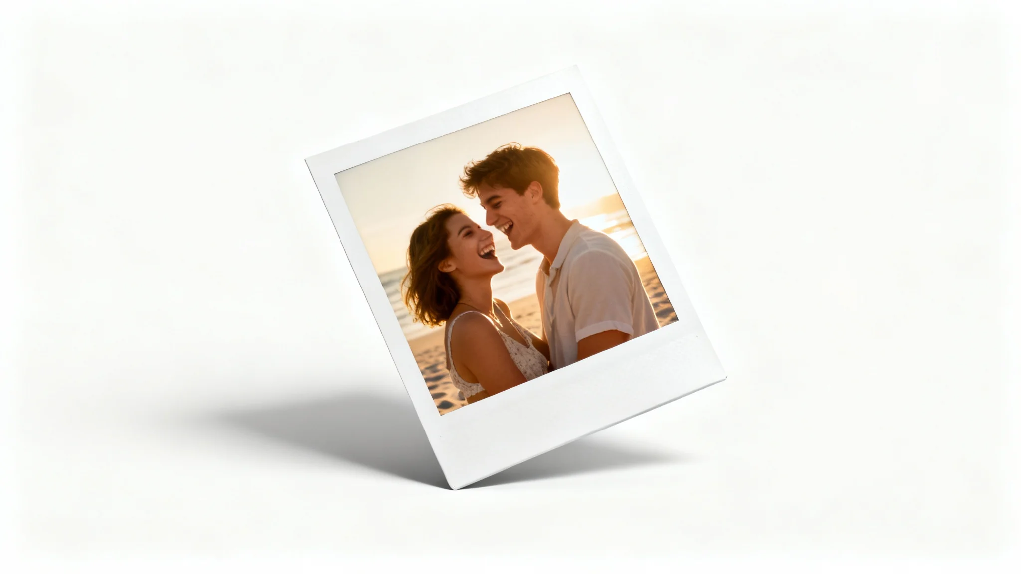 A classic Polaroid photo showing a happy couple on a beach at sunset, displayed at an angle on a clean white background.