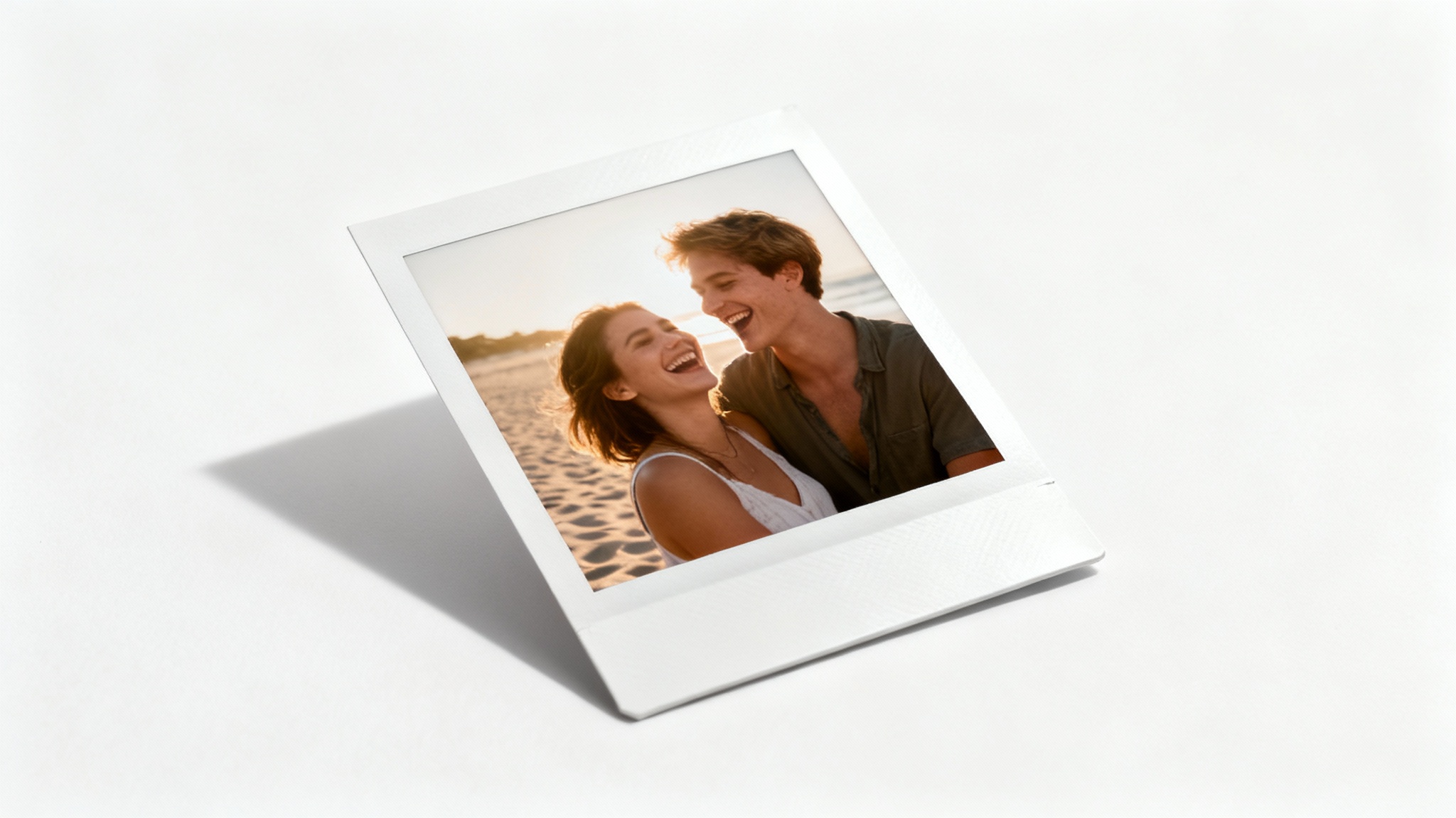 A single Polaroid photo mockup on a white background, showing a happy couple laughing on a sunny beach, conveying a sense of nostalgia and cherished memories.