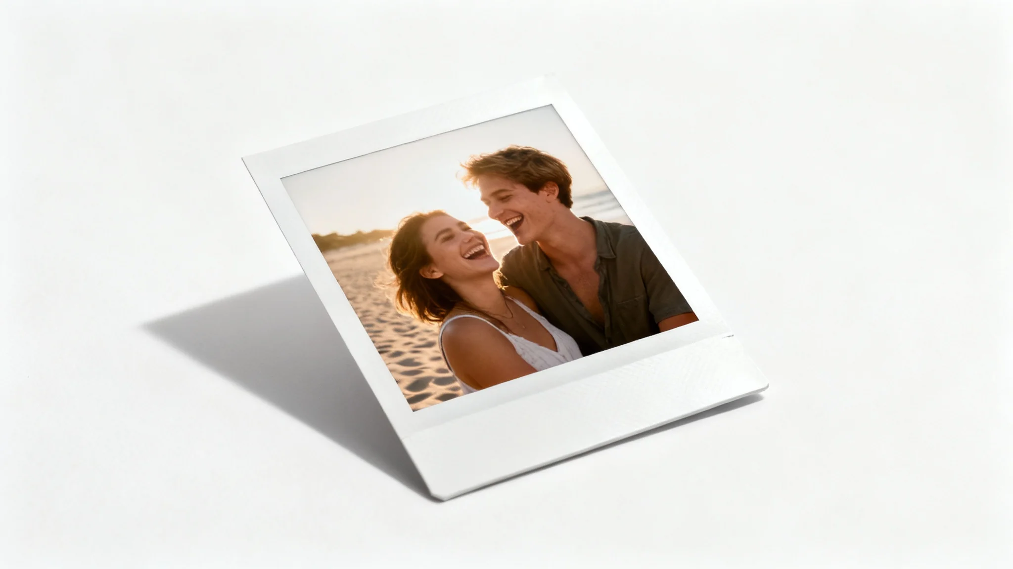 A single Polaroid photo mockup on a white background, showing a happy couple laughing on a sunny beach, conveying a sense of nostalgia and cherished memories.