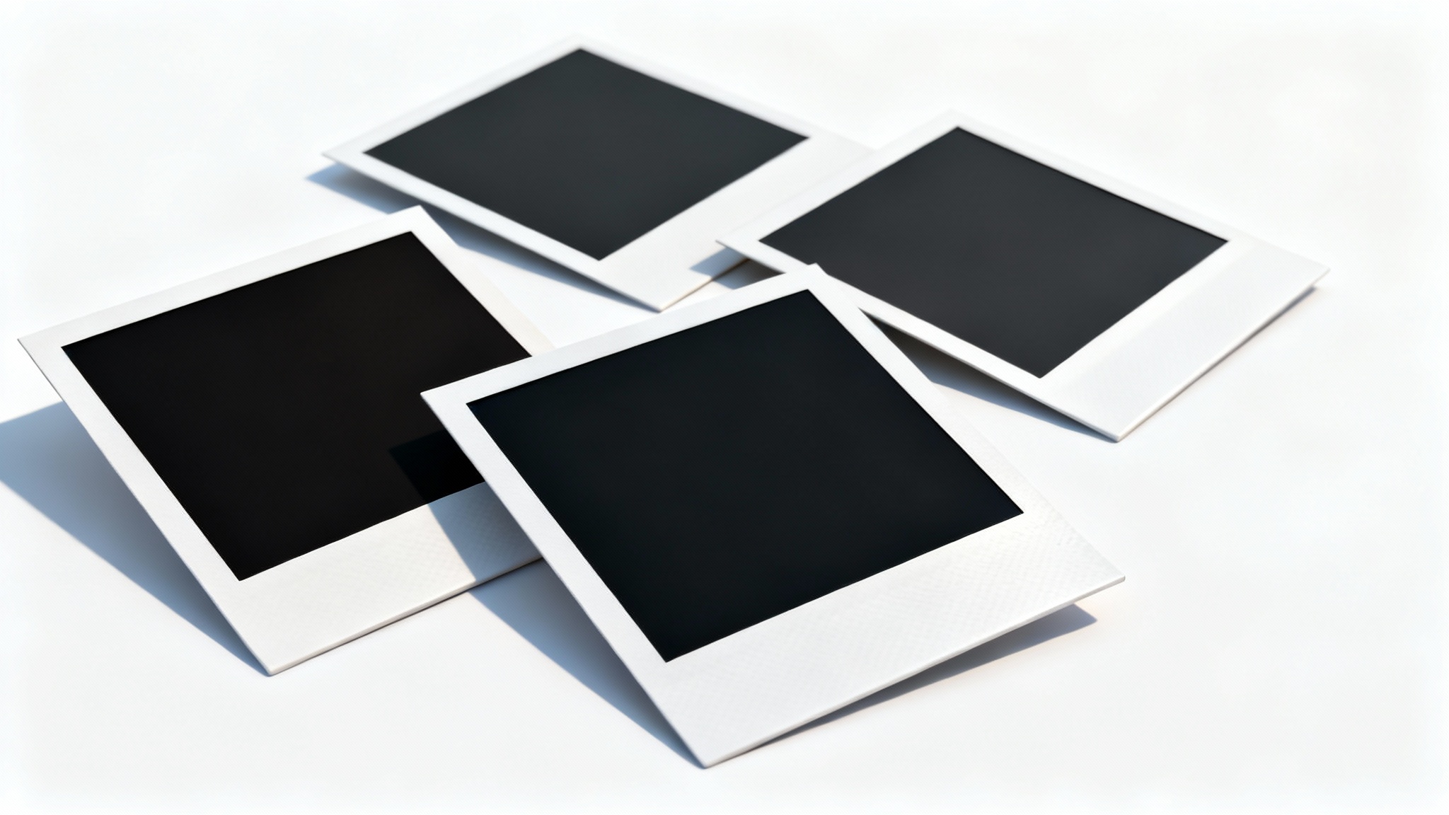 A collection of blank Polaroid-style instant photos scattered artfully across a clean white surface, with soft shadows underneath.