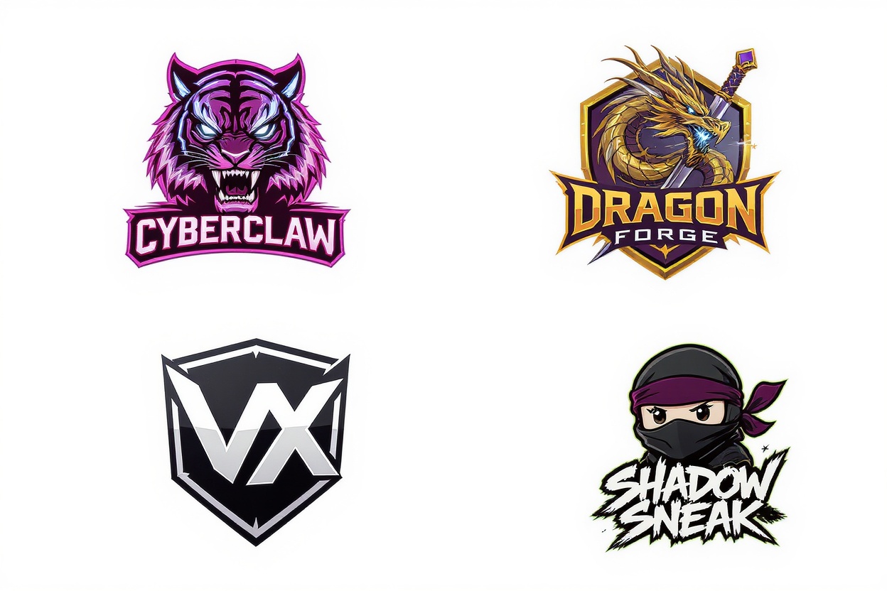 A showcase of four unique, professionally designed gaming logos for Twitch channels, displayed on a white background. The logos feature a cyberpunk tiger, a mythical dragon, a minimalist lettermark, and a cartoon ninja.