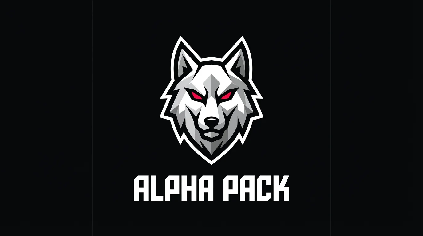 A modern gaming logo featuring a stylized, geometric wolf head with glowing red eyes. Below the wolf, the text 'ALPHA PACK' is displayed in a bold white font, all on a solid black background.