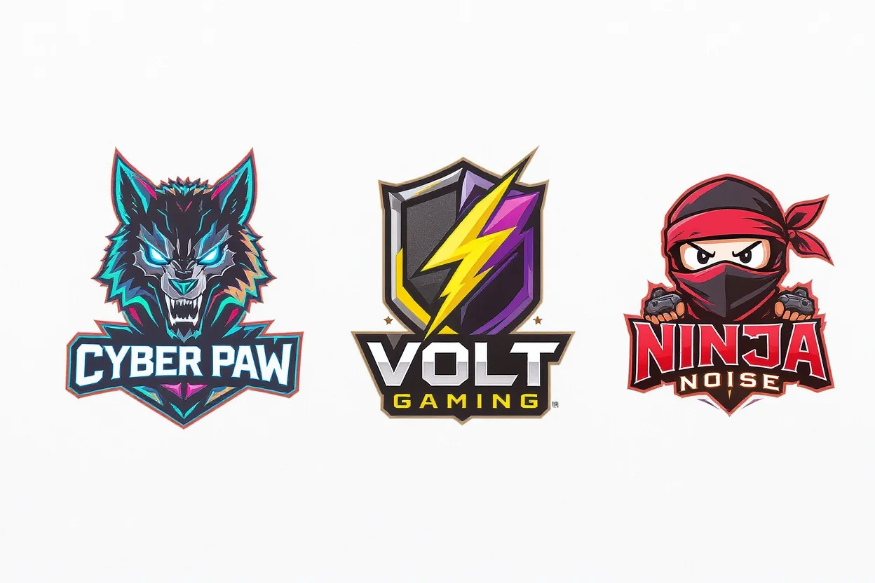 A showcase of three distinct Twitch gaming logos on a white background. The logos feature a cybernetic wolf, a lightning bolt shield, and a cartoon ninja, each with a unique fictional team name.