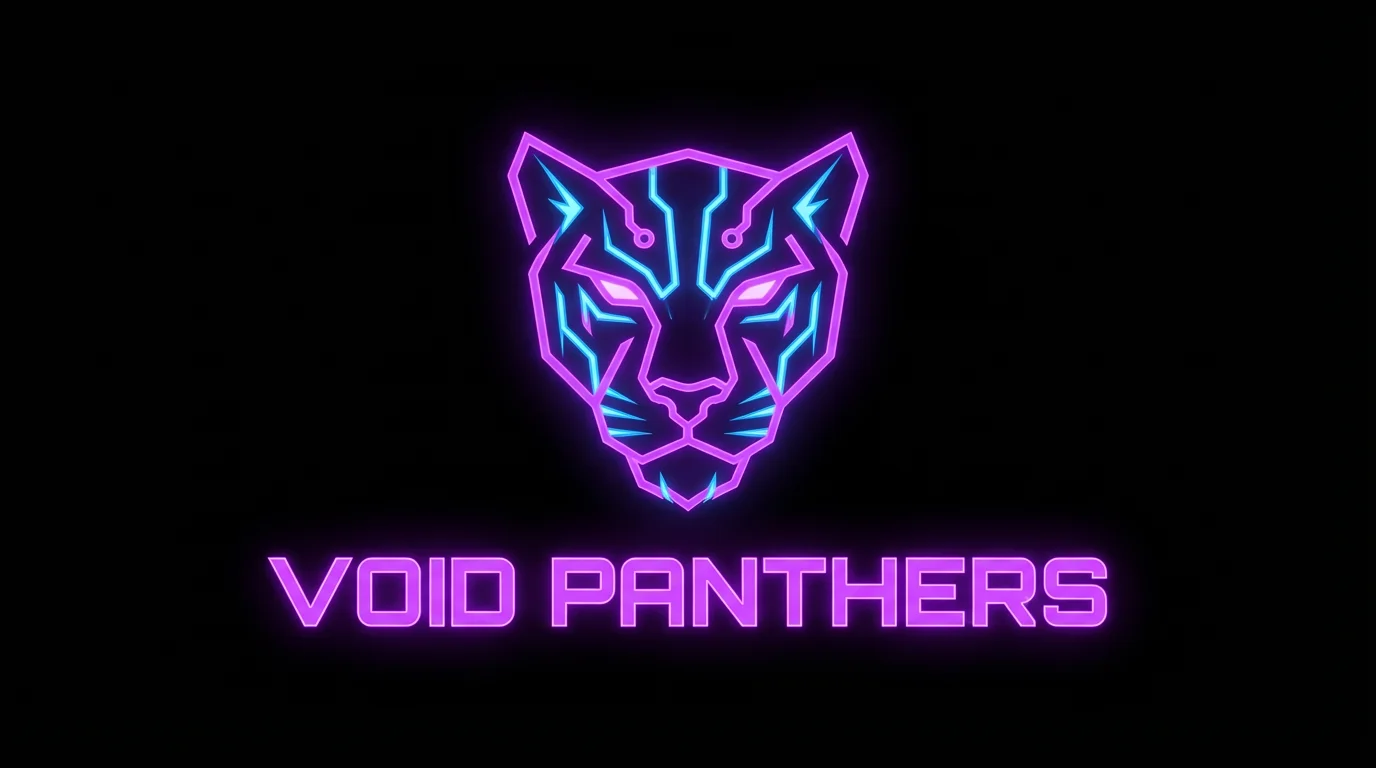 A modern gaming logo featuring a glowing purple and blue geometric panther head with the text 'VOID PANTHERS' below it on a black background.
