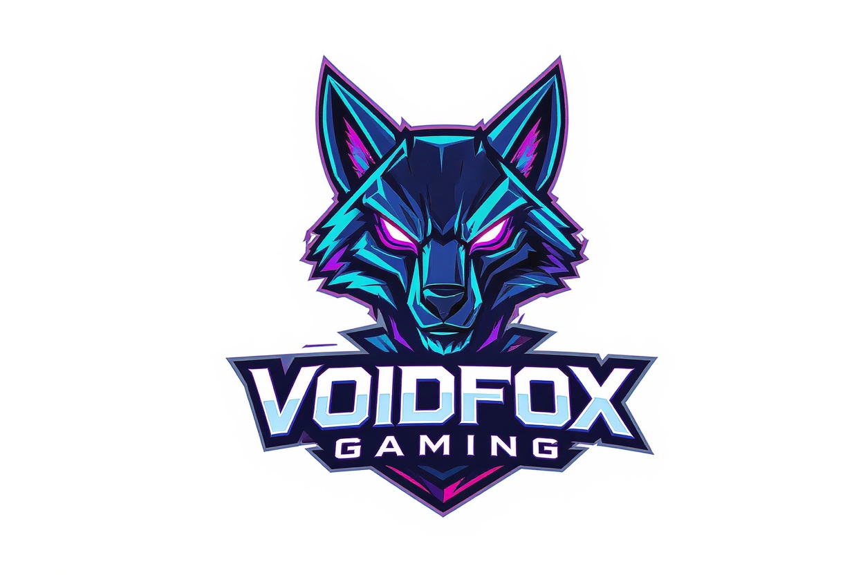 A modern esports logo for a gaming channel named 'VOIDFOX GAMING,' featuring a stylized blue and purple cyberpunk fox mascot on a white background.
