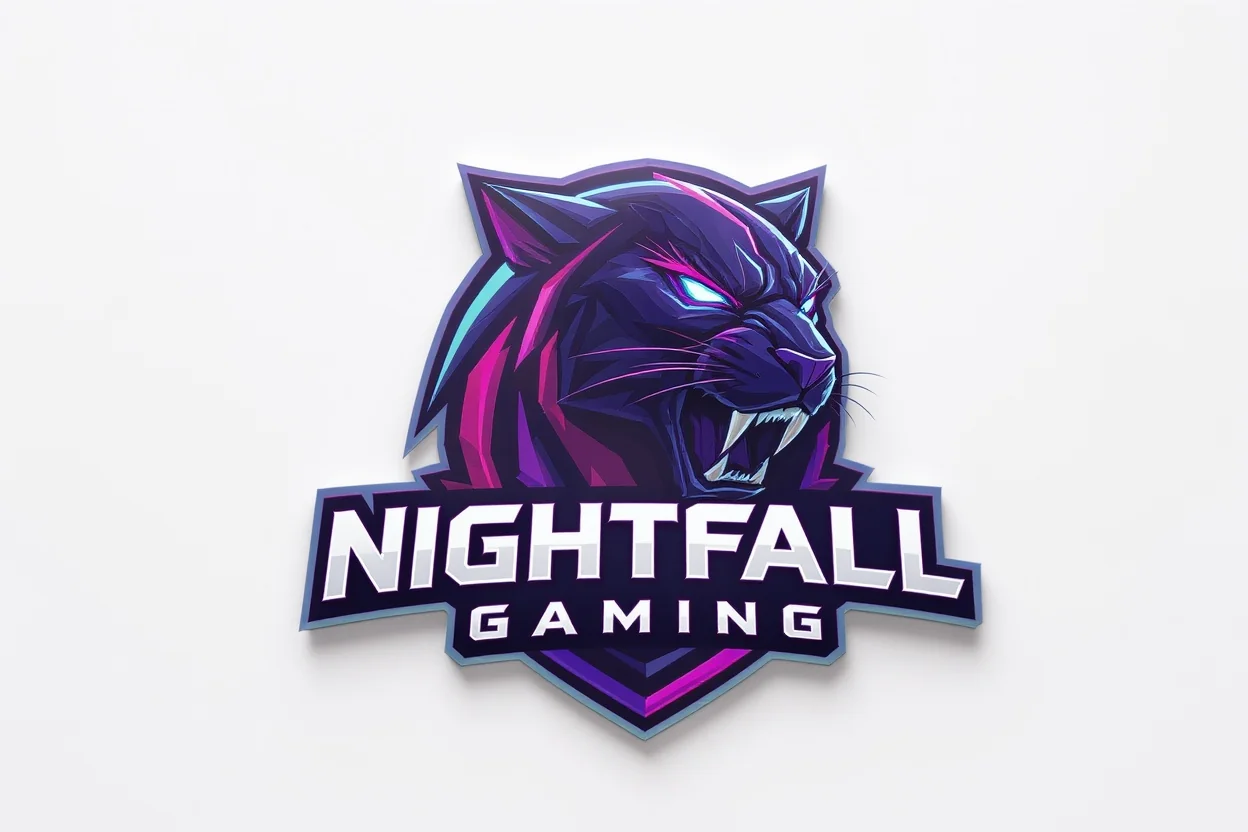 A professional mockup of a modern esports logo for a team named 'Nightfall Gaming'. The logo features a stylized, geometric panther head in shades of electric blue, magenta, and purple, set against a clean, off-white background.