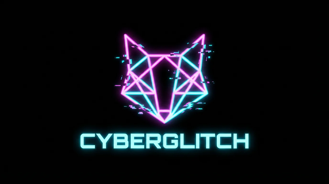 A futuristic gaming logo featuring a geometric fox head outlined in neon pink and cyan, with the word 'CYBERGLITCH' underneath in a stylized font, all on a black background.