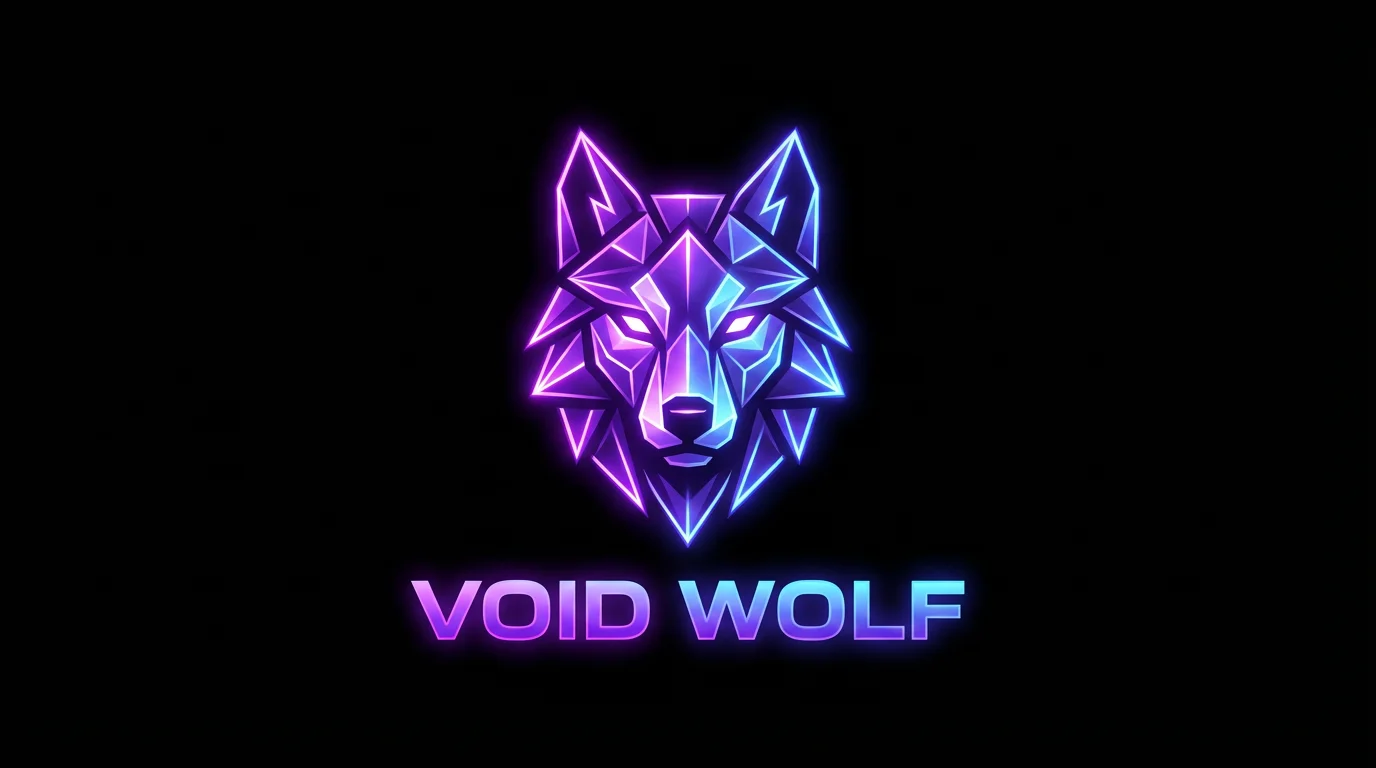 A futuristic gaming logo featuring a geometric wolf head icon in neon purple and blue, with the text 'VOID WOLF' below it, all on a solid black background.