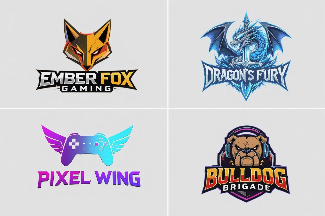 A showcase of four different professional Twitch logo designs on a white background. The logos feature a geometric fox, a blue dragon, a winged controller, and a bulldog with a headset, each with a unique fictional team name.