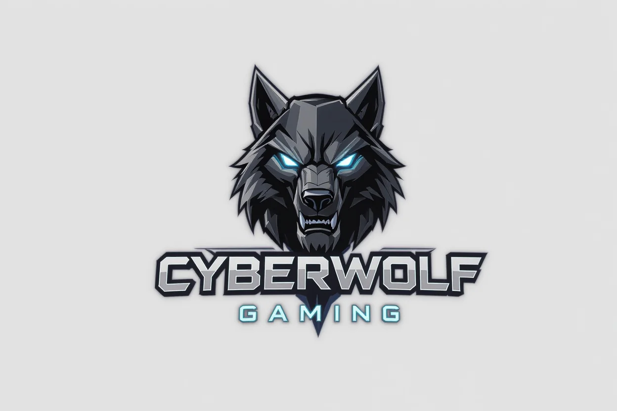 A futuristic Twitch channel logo mockup for 'CYBERWOLF GAMING', featuring a stylized cyberpunk wolf head with glowing cyan eyes, all set against a clean white background.