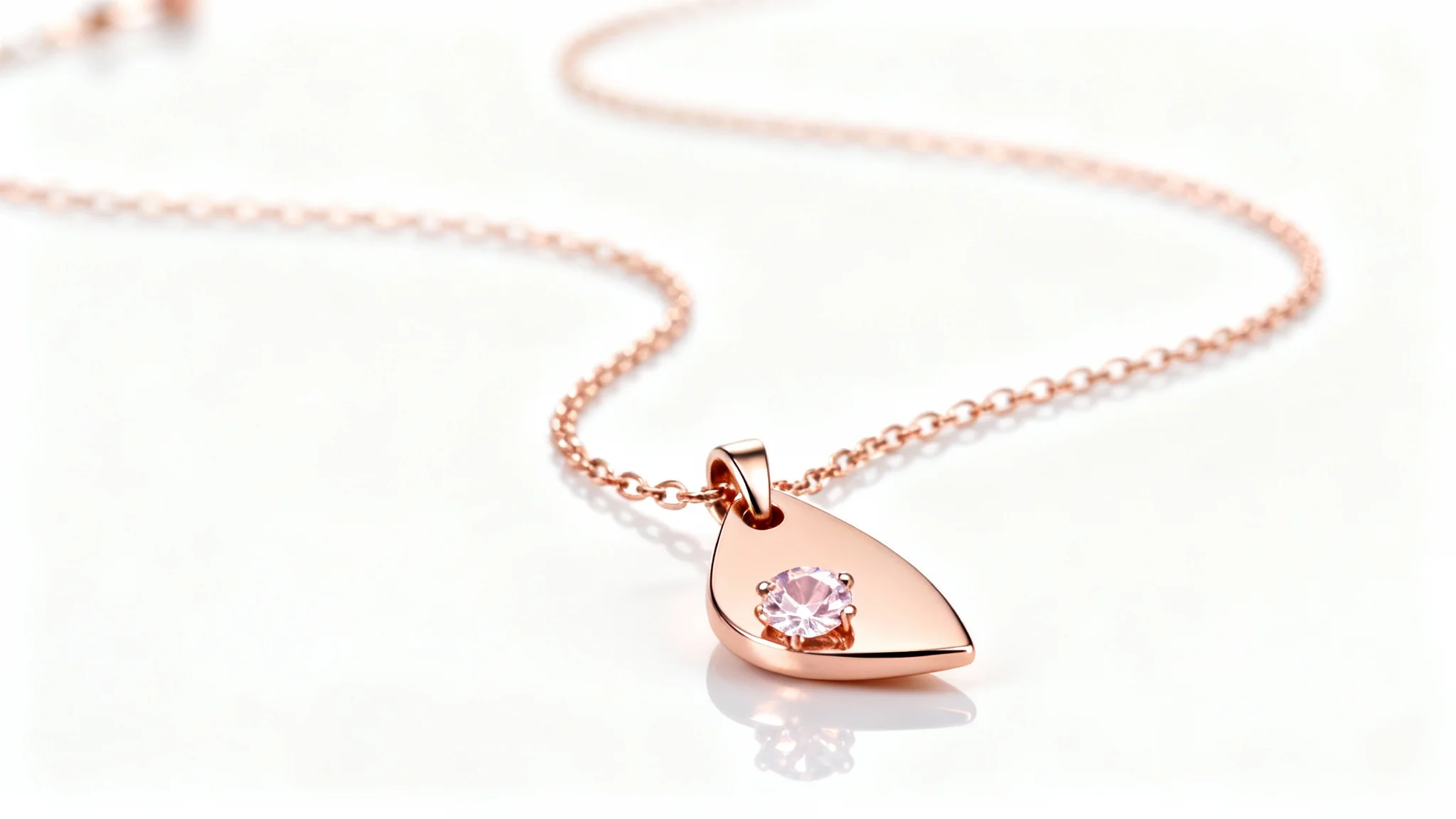 A photorealistic mockup of an elegant rose gold necklace with a teardrop-shaped morganite pendant, displayed on a clean white background.