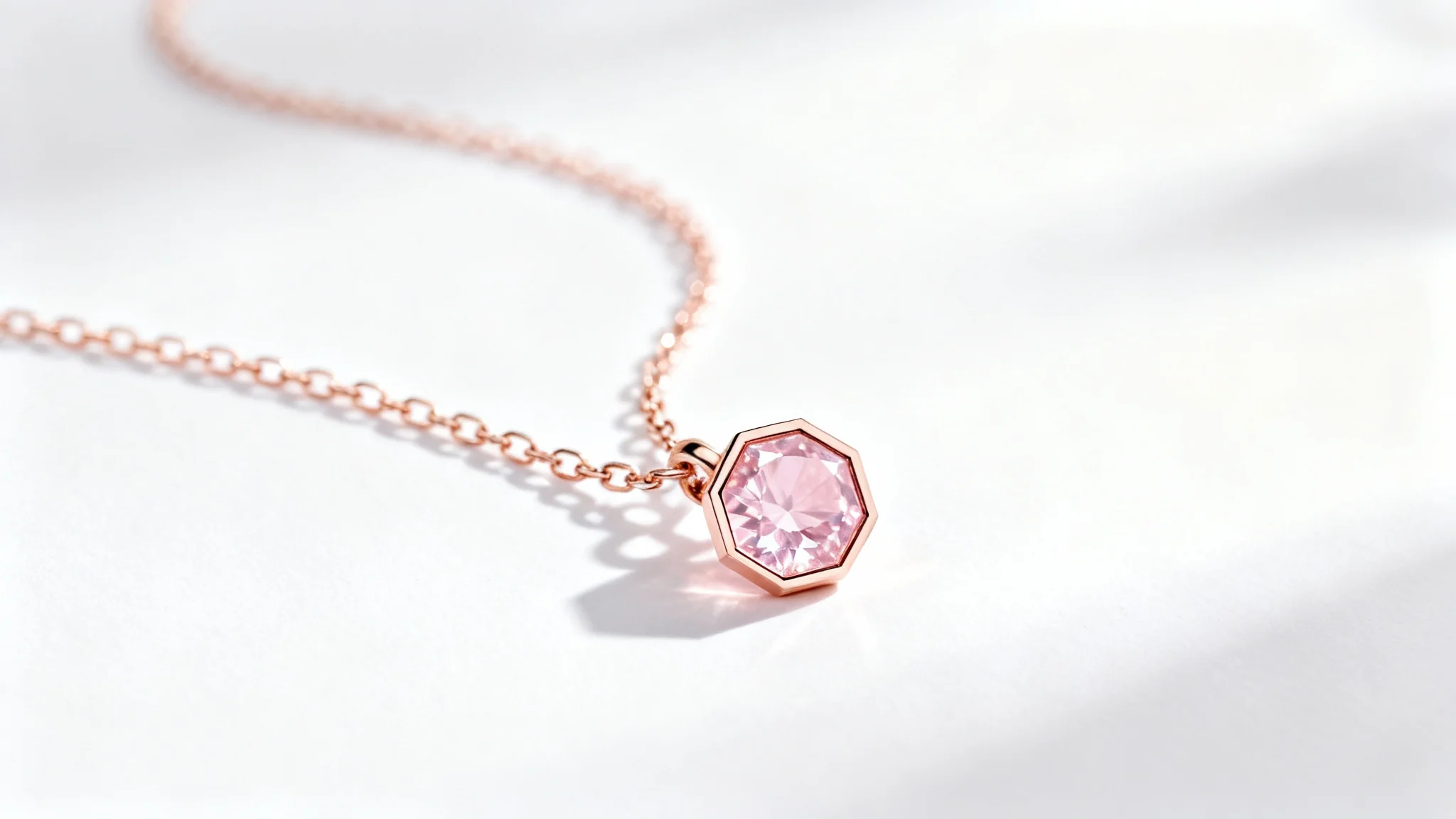 A professional product mockup of a delicate rose gold necklace with a hexagonal pink morganite pendant, displayed on a clean white background.