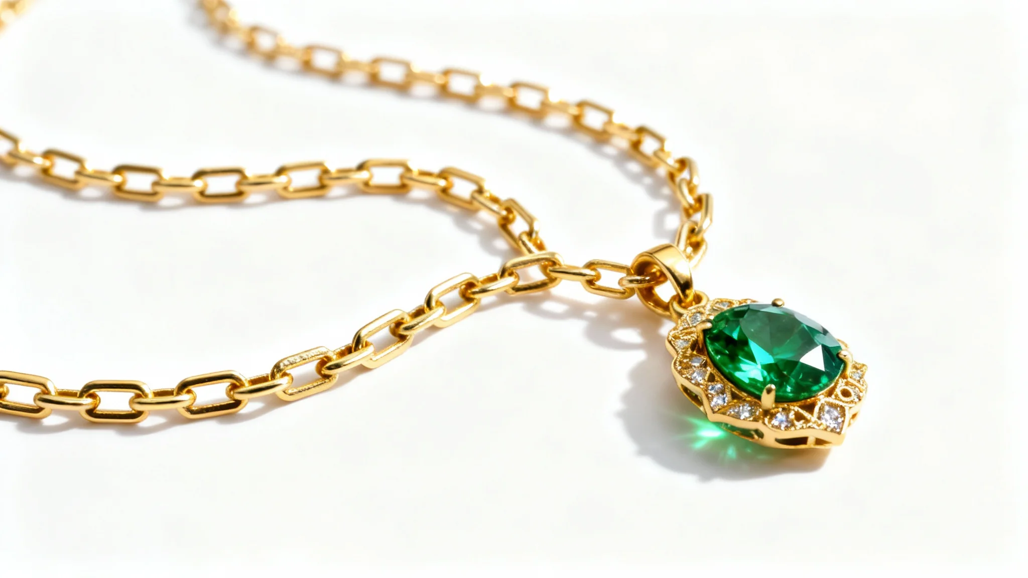 A close-up product photo of a delicate gold necklace with a small, sparkling emerald pendant, displayed on a clean white background.