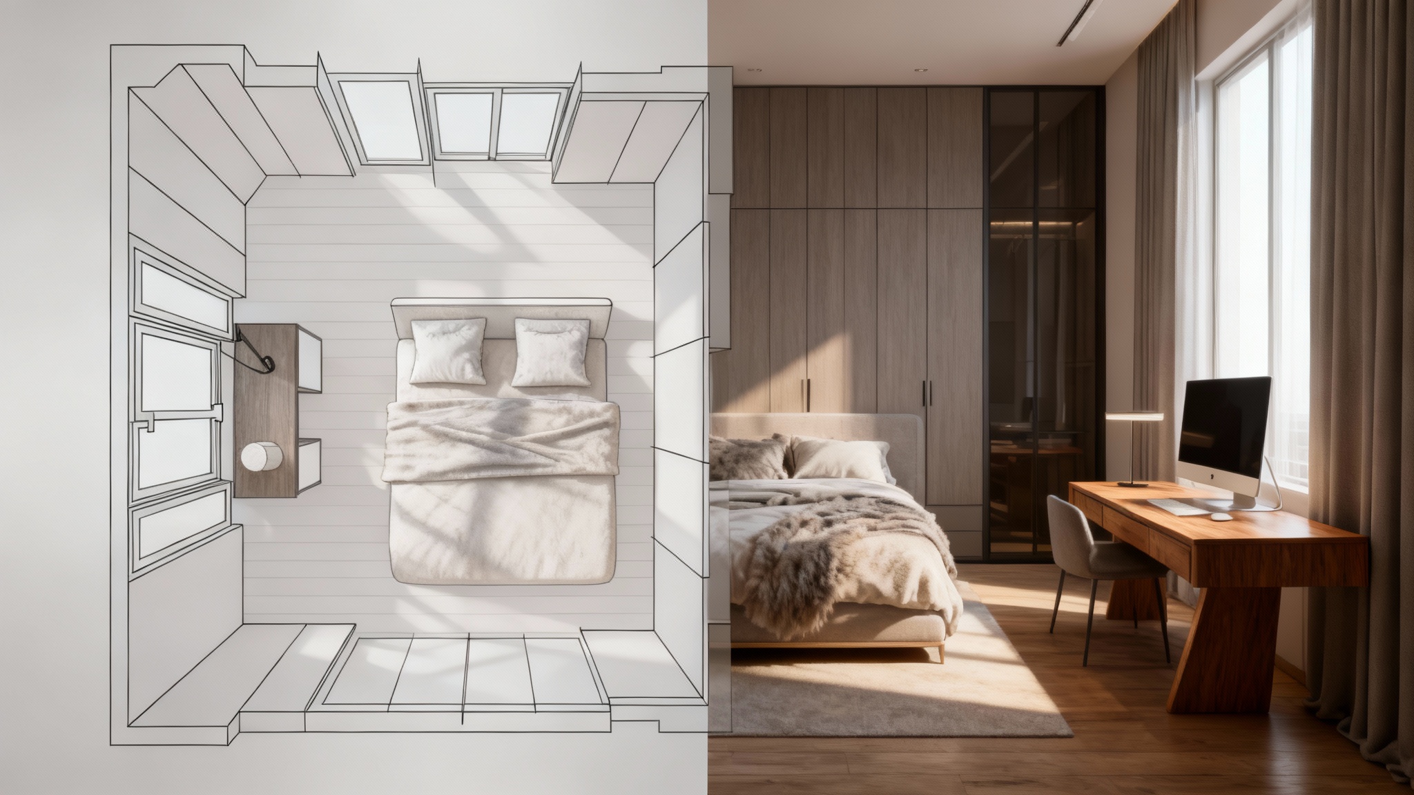 A visual showing a 2D architectural floor plan of a bedroom transforming into a vibrant, photorealistic 3D rendering of the same space.