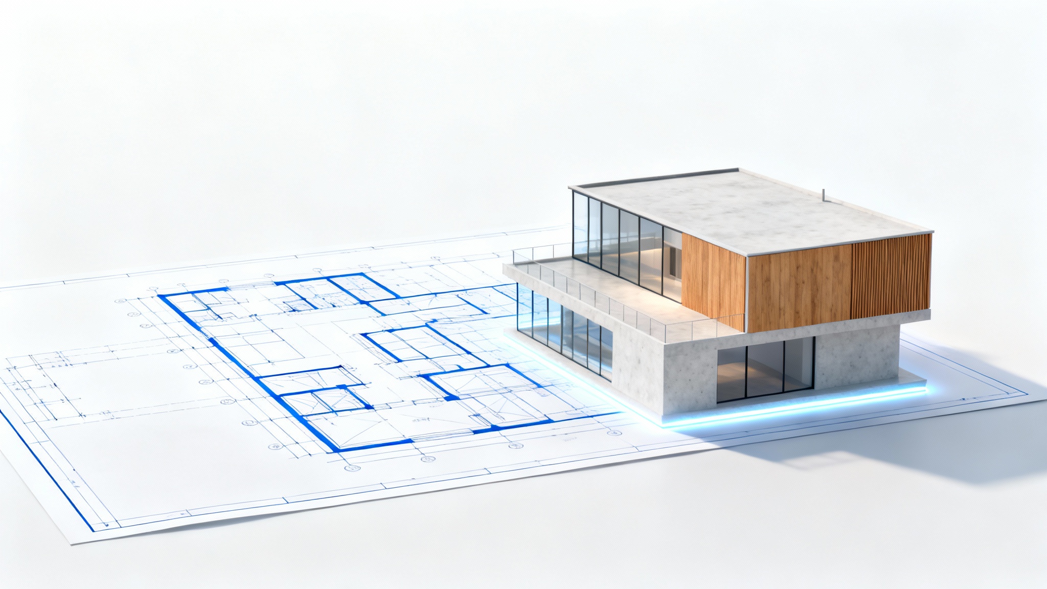 A 2D architectural blueprint on a white background, with a photorealistic 3D model of a modern house emerging directly from the drawing, visualizing the conversion from 2D to 3D.