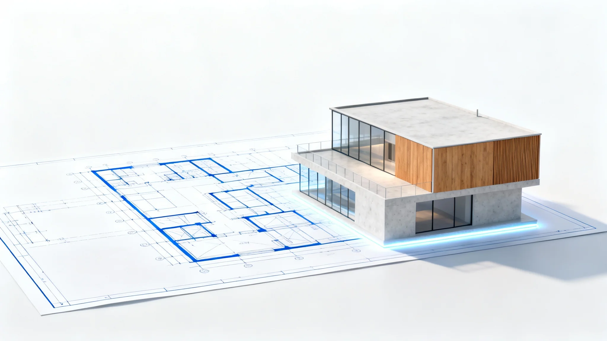 A 2D architectural blueprint on a white background, with a photorealistic 3D model of a modern house emerging directly from the drawing, visualizing the conversion from 2D to 3D.