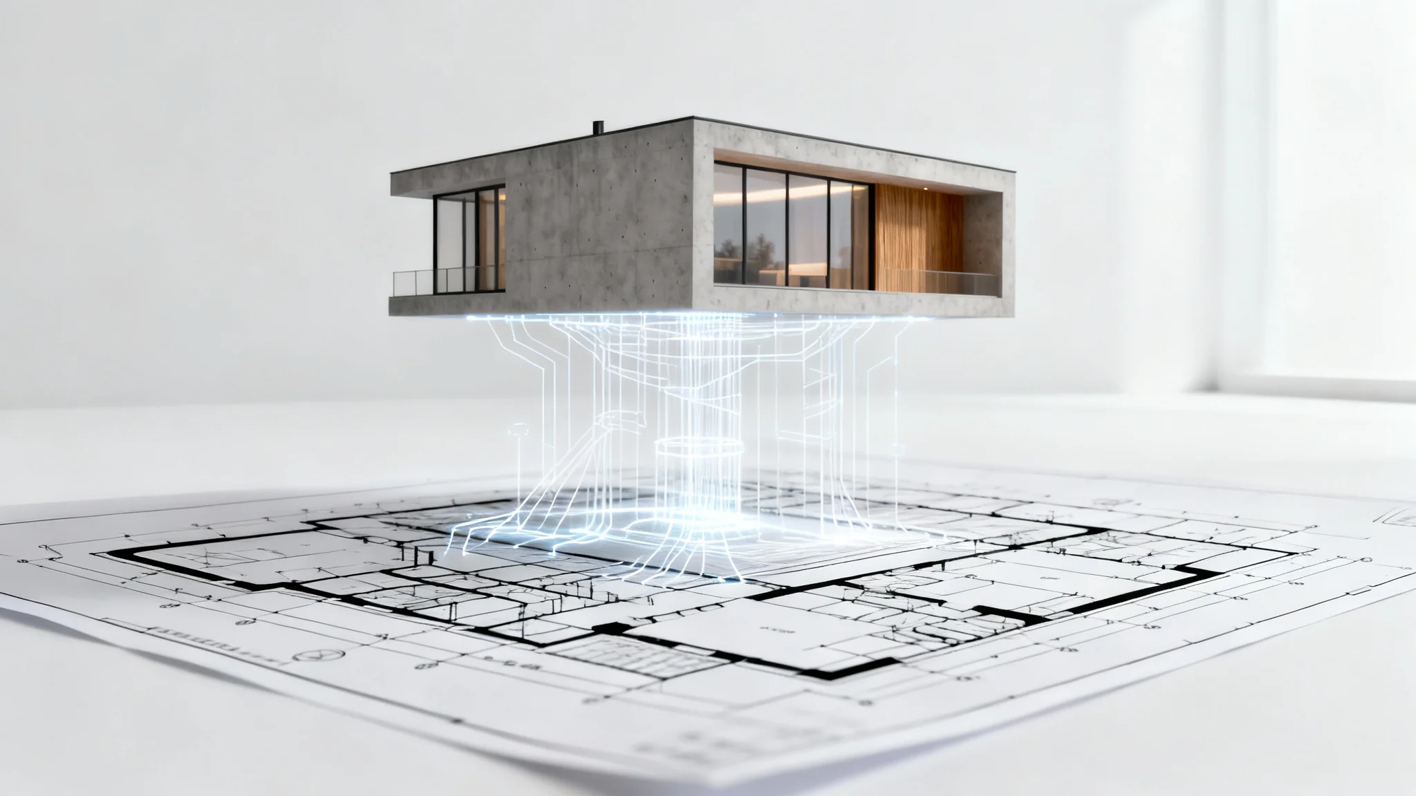A 2D architectural floor plan on a white surface with a photorealistic 3D model of a modern house emerging from it, demonstrating a 2D to 3D conversion.
