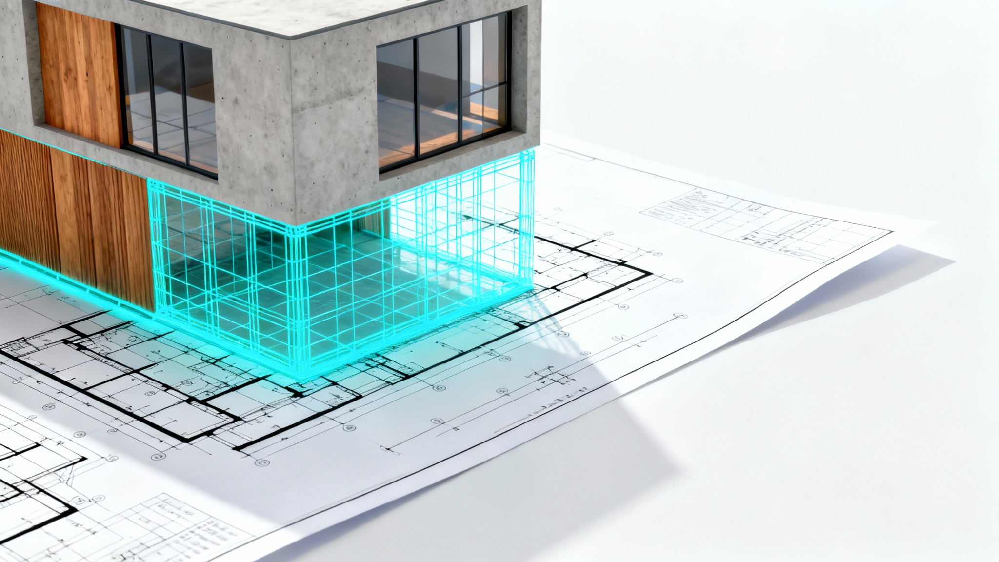 A 2D architectural blueprint on a white surface with a 3D model of a modern house emerging from it, illustrating the conversion from a flat plan to a three-dimensional structure.