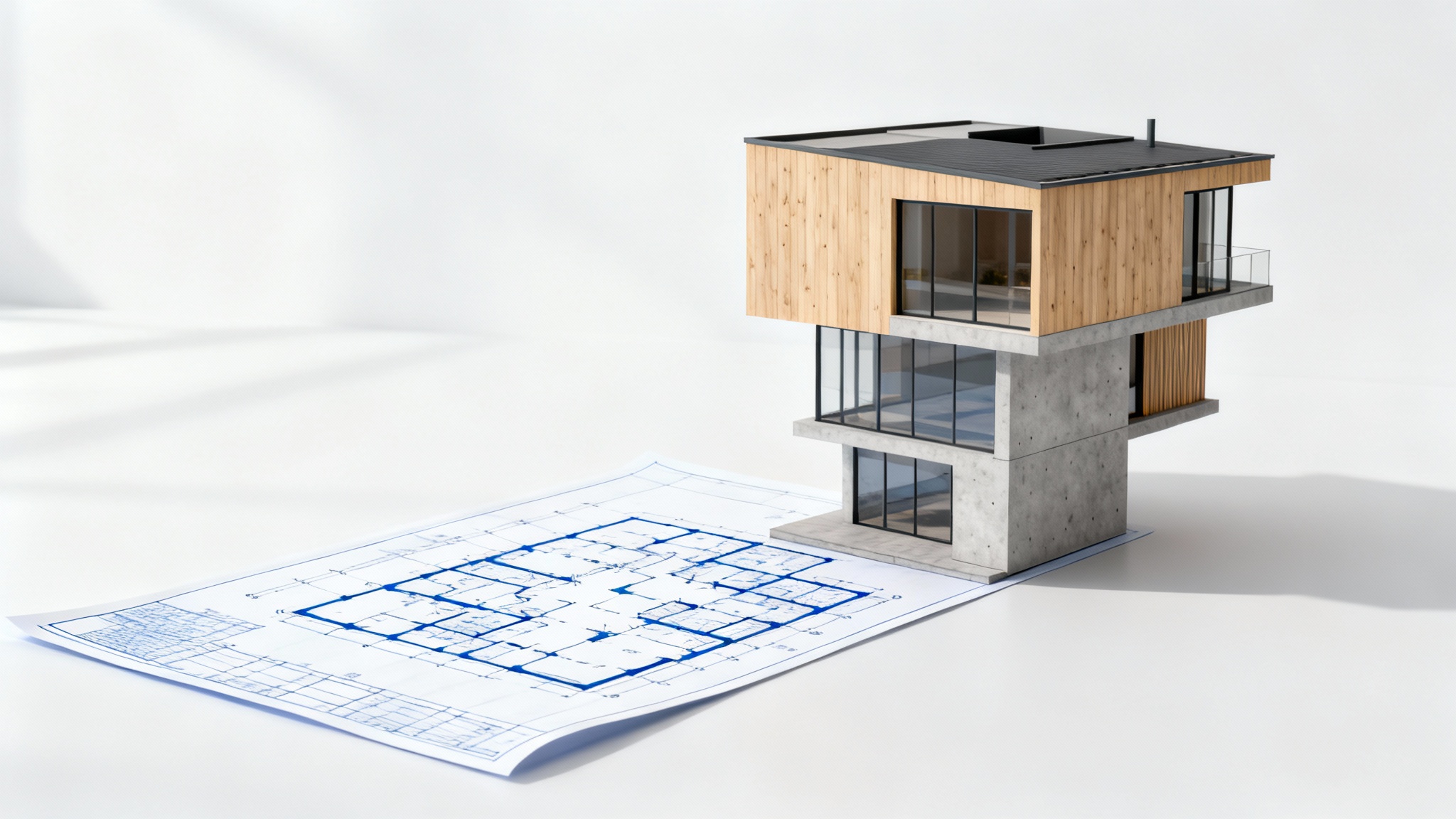 A visual representation of a 2D blueprint transforming into a 3D architectural model of a modern house, set against a plain white background.