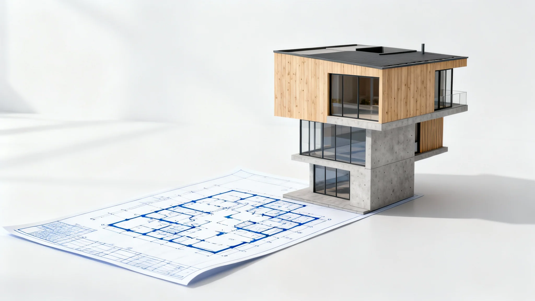 A visual representation of a 2D blueprint transforming into a 3D architectural model of a modern house, set against a plain white background.