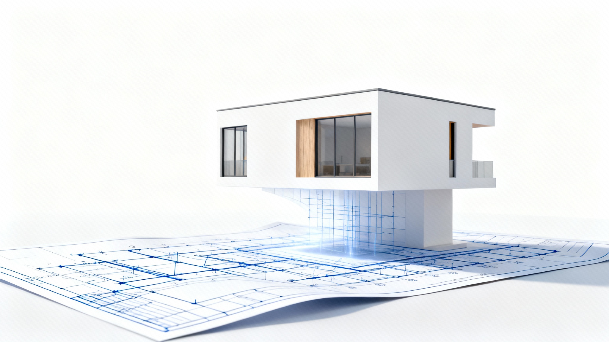 A 2D architectural blueprint partially transforming into a photorealistic 3D model of a modern house, symbolizing a 2D to 3D conversion service, set against a clean white background.