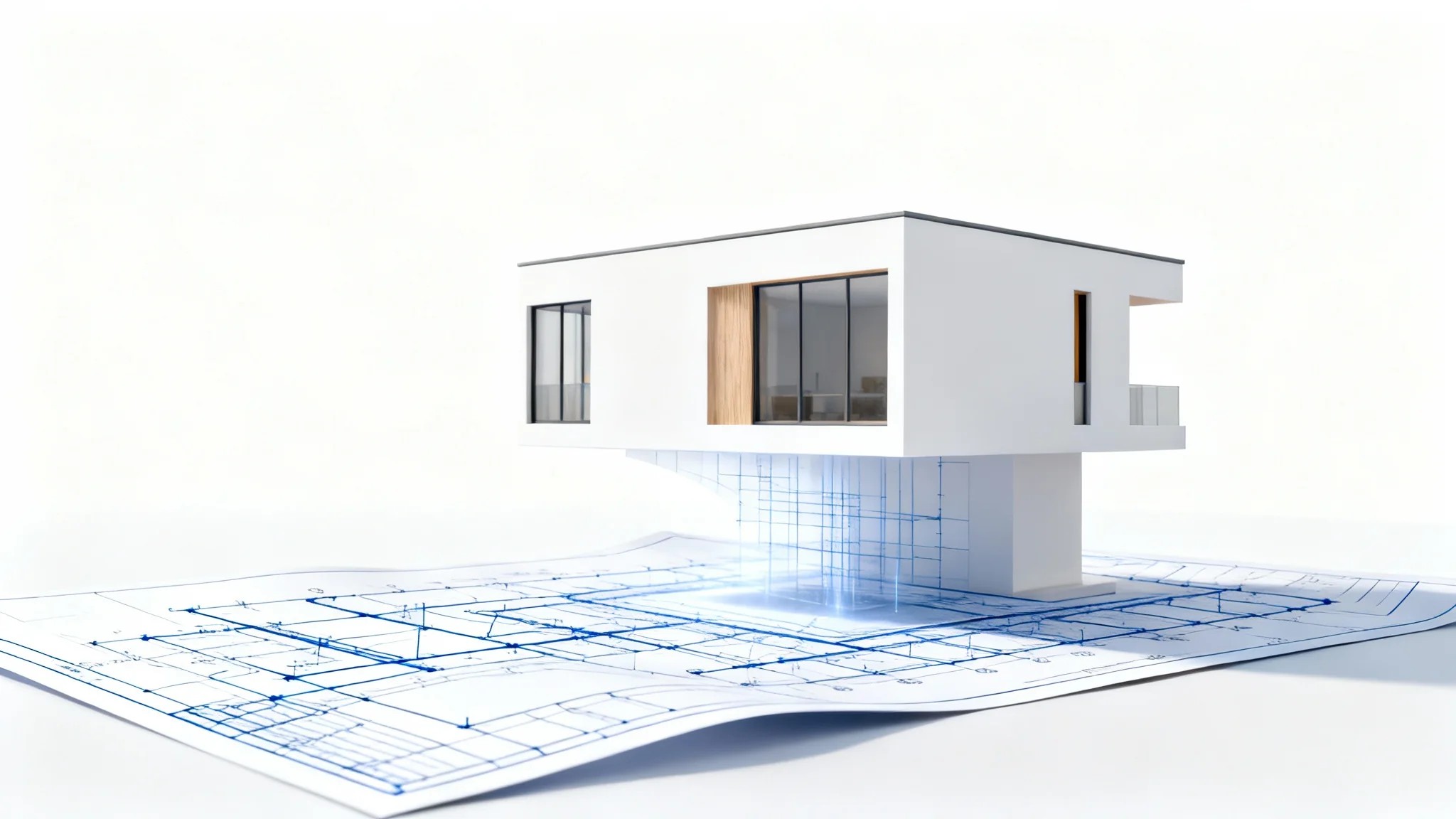 A 2D architectural blueprint partially transforming into a photorealistic 3D model of a modern house, symbolizing a 2D to 3D conversion service, set against a clean white background.