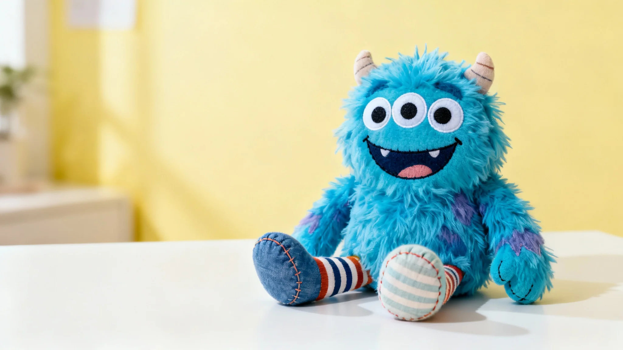 A professionally crafted, colorful plush monster toy, inspired by a child's drawing, sitting on a clean surface in a brightly lit, minimalist setting.