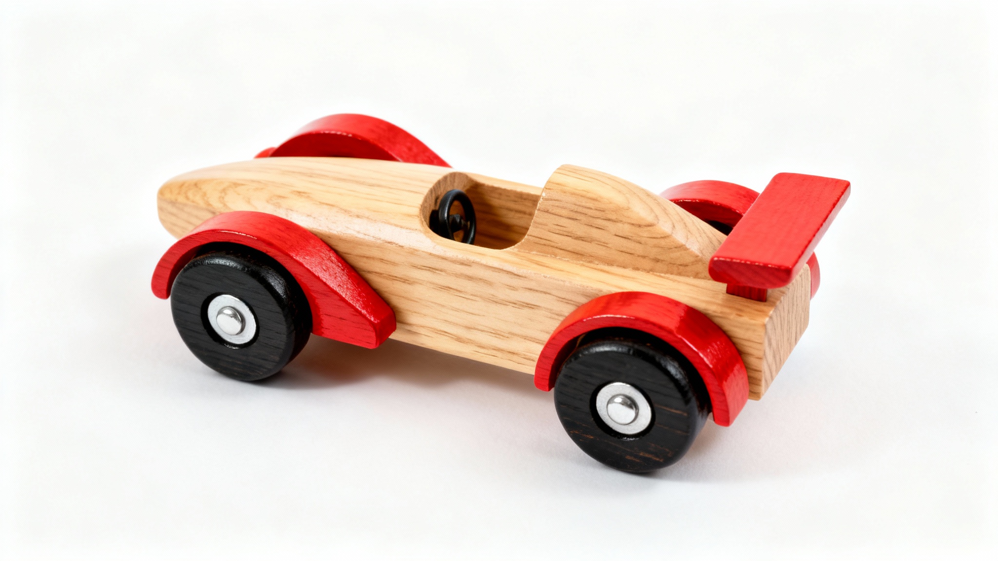 A high-quality studio photograph of a handcrafted vintage-style wooden race car with red accents, set against a clean white background.