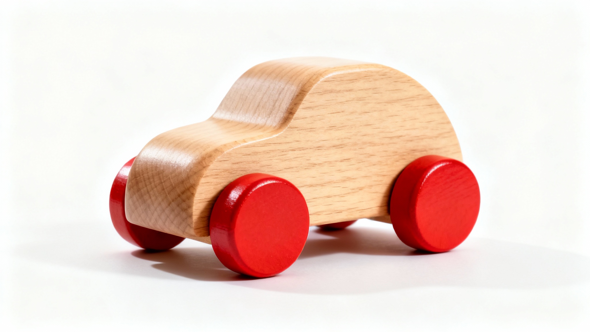 A close-up product shot of a beautifully crafted wooden toy car with red wheels, set against a plain white background.
