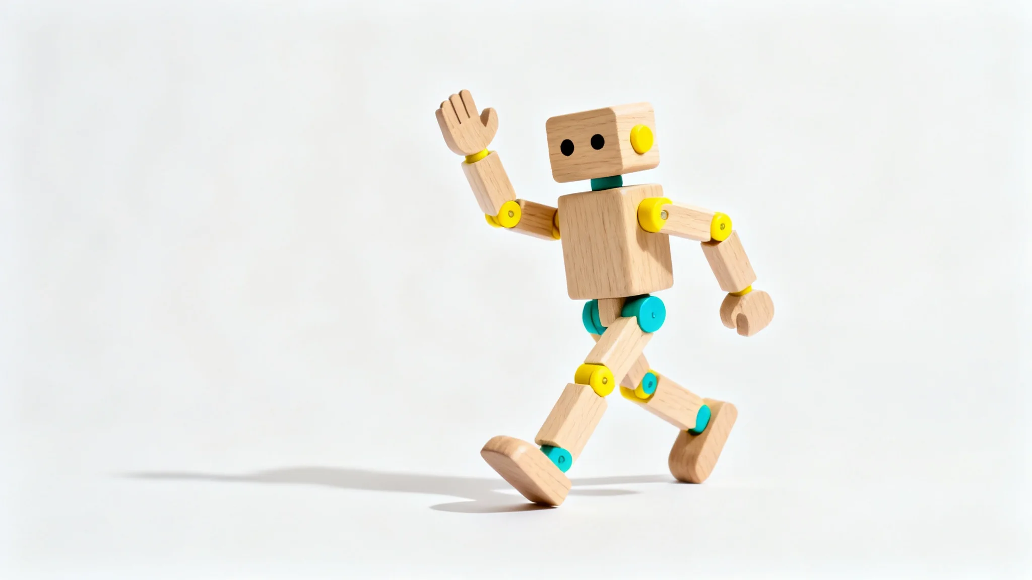A modern wooden toy robot with yellow accents waving cheerfully, shot in a clean product photography style on a white background.