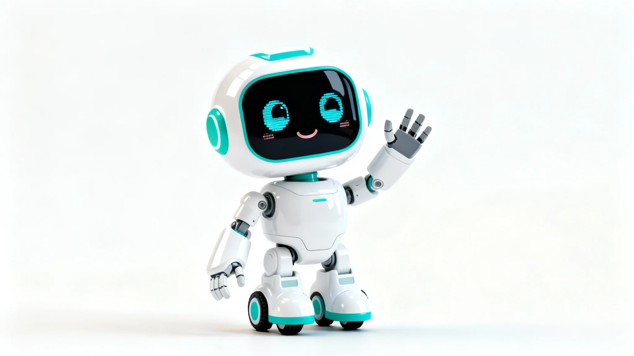 A photorealistic mockup of a friendly, modern robot toy made of white and teal plastic, standing on a clean white background.