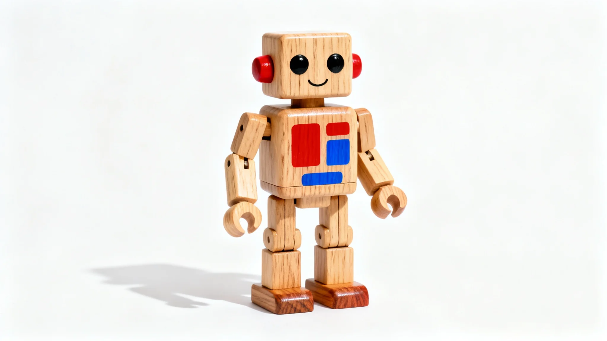 A photorealistic image of a beautifully crafted wooden toy robot with a friendly design, standing on a clean white background.