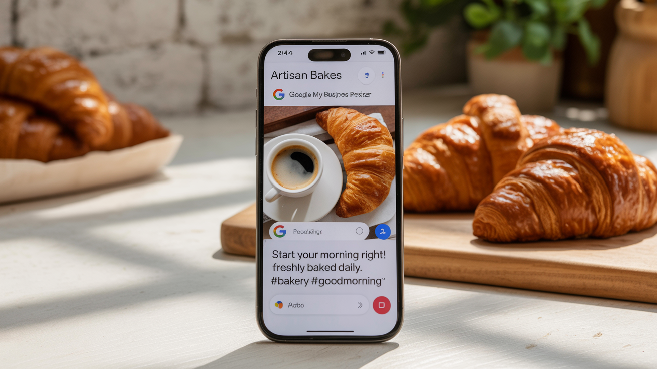 A smartphone mockup displays a perfectly sized, high-quality Google My Business post for a bakery, showing a crisp image of a croissant and coffee, demonstrating the ideal result of an image resizing tool.