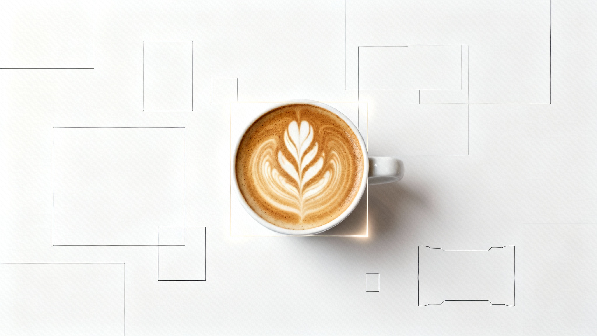 A cappuccino with intricate latte art on a white background, perfectly framed by a glowing square outline, symbolizing optimal image resizing for a Google My Business post.