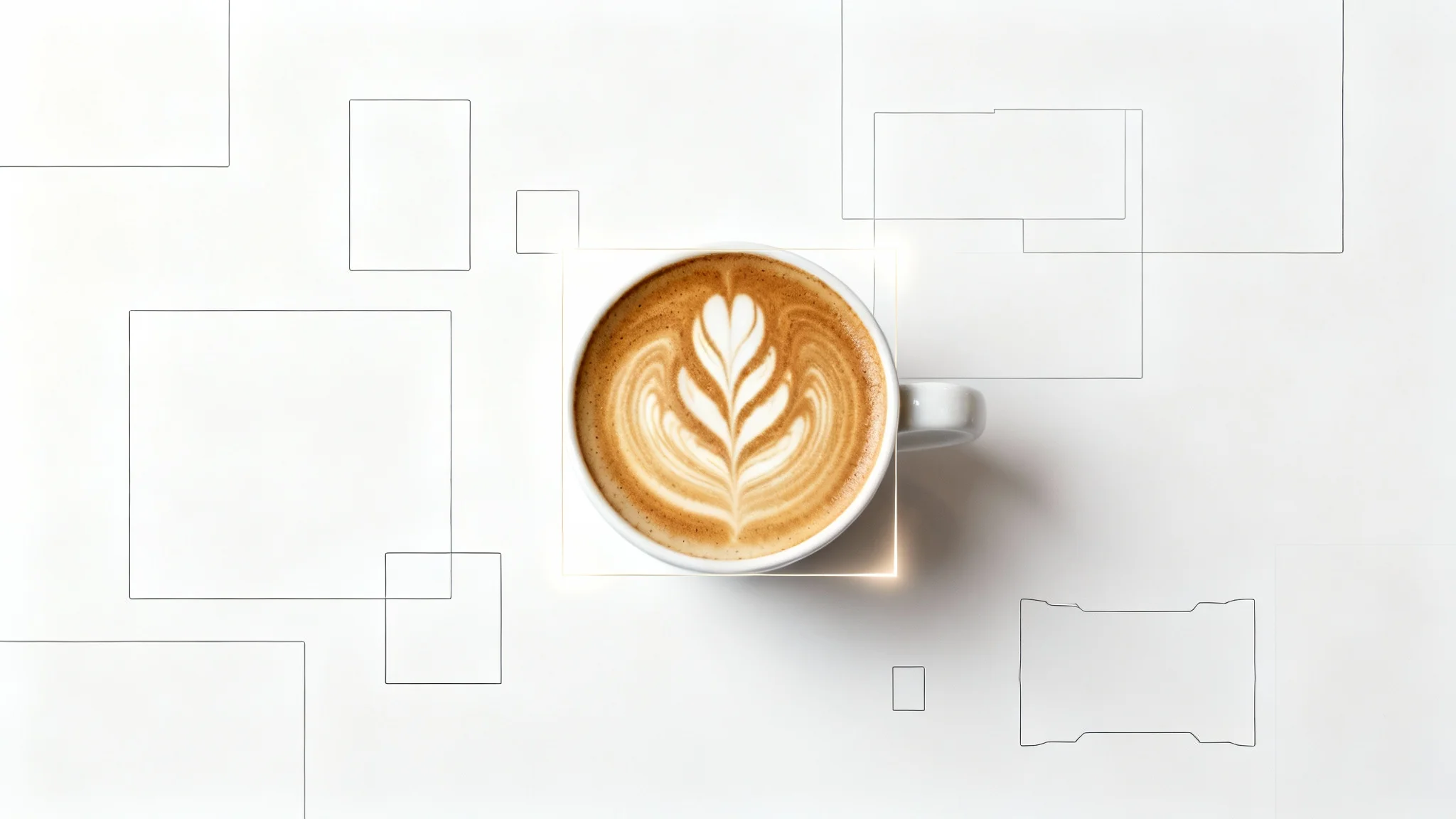 A cappuccino with intricate latte art on a white background, perfectly framed by a glowing square outline, symbolizing optimal image resizing for a Google My Business post.