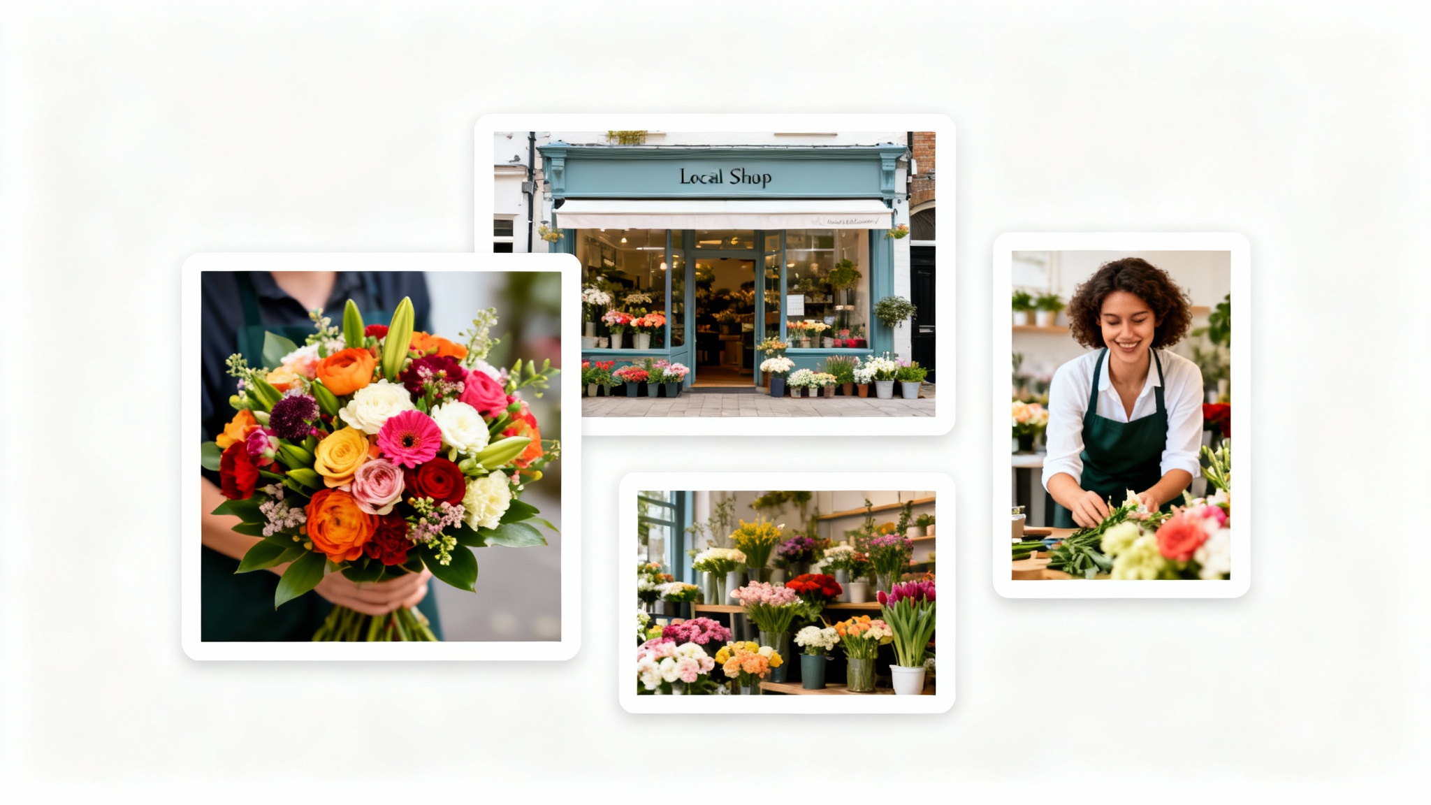 A mockup showing several photos of a flower shop, each perfectly framed in a different aspect ratio (square, landscape, portrait), illustrating the benefit of an image resizer for Google My Business posts.