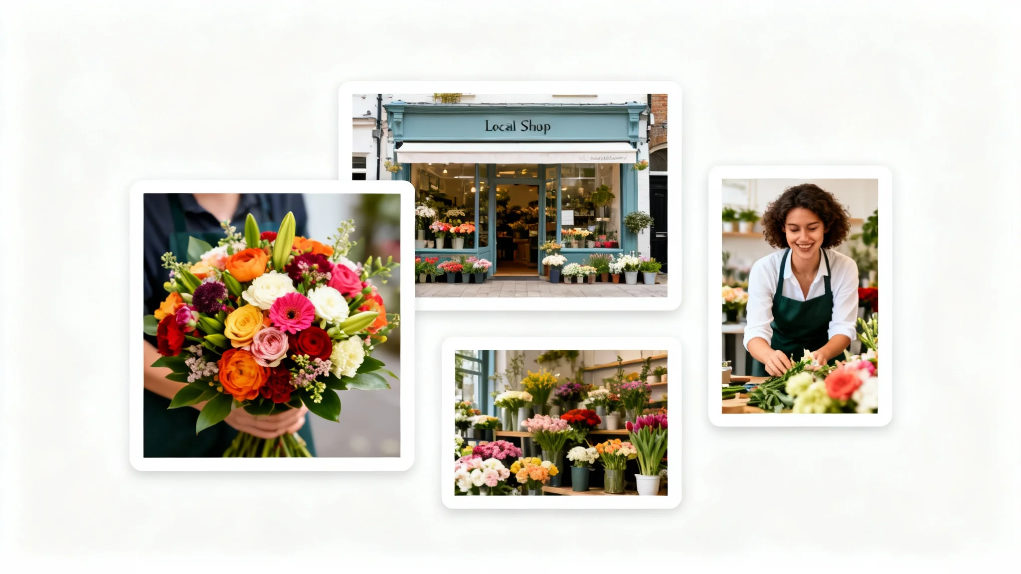 A mockup showing several photos of a flower shop, each perfectly framed in a different aspect ratio (square, landscape, portrait), illustrating the benefit of an image resizer for Google My Business posts.