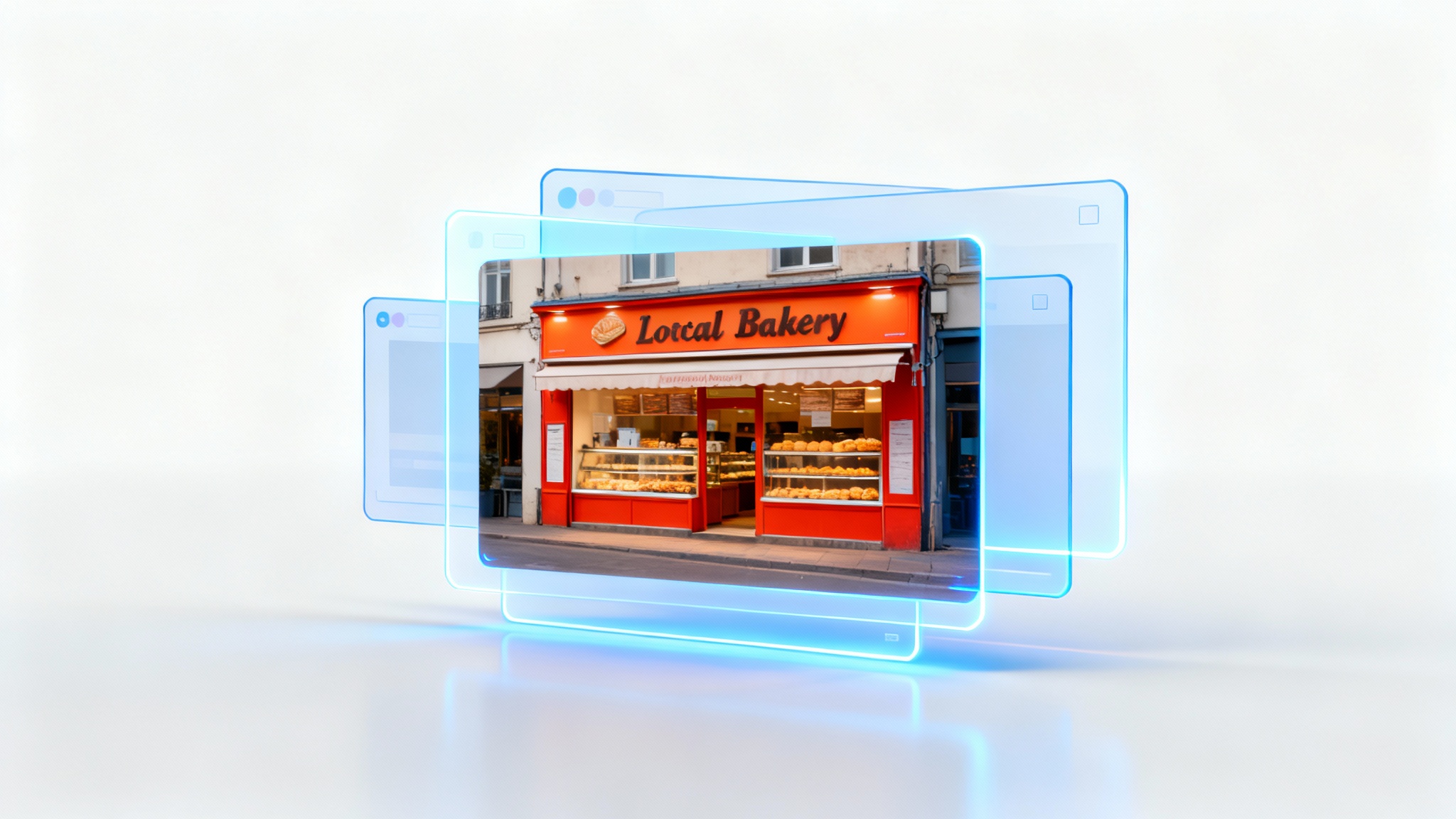 A conceptual mockup illustrating an image resizer, showing a single photo of a bakery storefront perfectly fitting into several overlapping, glowing digital frames of various sizes against a white background.