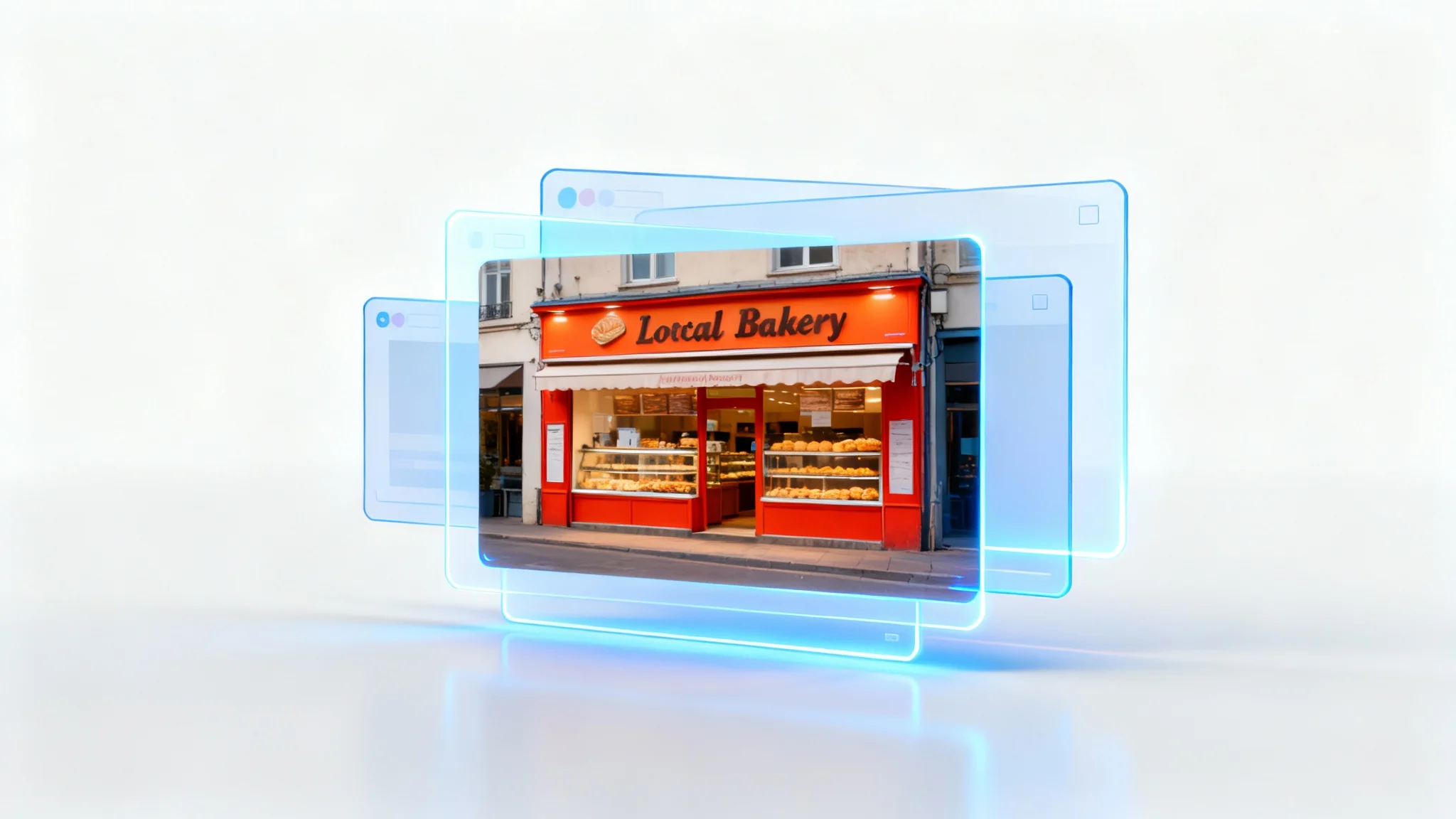 A conceptual mockup illustrating an image resizer, showing a single photo of a bakery storefront perfectly fitting into several overlapping, glowing digital frames of various sizes against a white background.