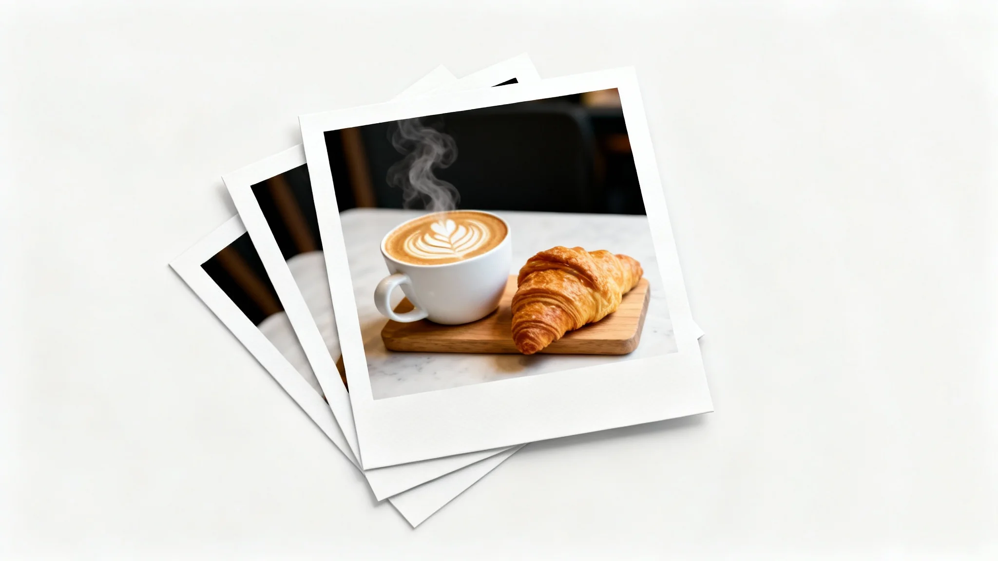 A stack of three photos on a white background, demonstrating the effect of an image resizer. The top photo is perfectly framed, showing a latte and croissant, while the photos underneath are poorly cropped.